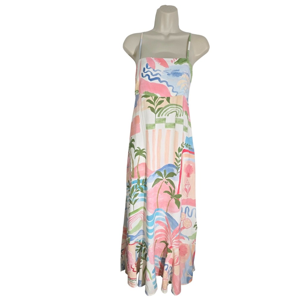 Paper Heart Sydney Australia Tropical Watercolor Print Tie Back Midi Dress M